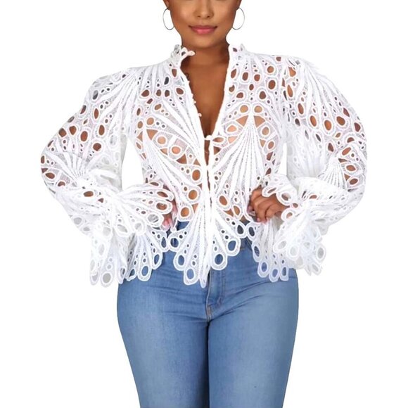 Women White Sexy Ruffle Long Sleeve Summer Lace Tops Flare Shirt V Neck Blouses
